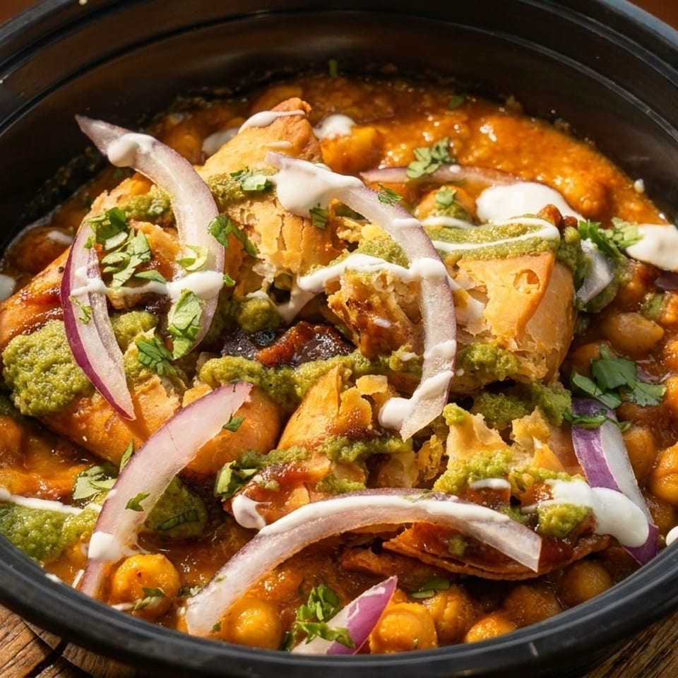 Samosa chaat in a black bowl, topped with chickpeas, sauces, red onion, and cilantro.