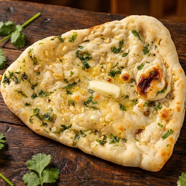 Garlic naan bread with cilantro and a pat of butter on a wooden board, with a side of melted butter.