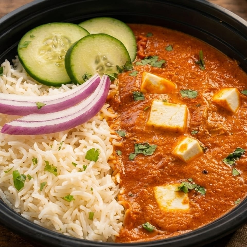 Paneer butter masala with basmati rice, red onions, and cucumber slices in a black bowl.