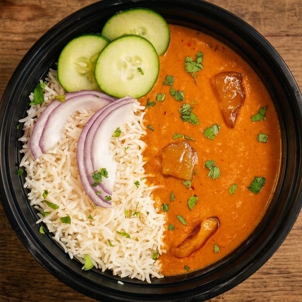 Overhead view of a black bowl with rice, red onion, cucumber, and orange curry.