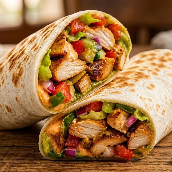 Two grilled chicken burritos, cut in half, filled with fresh vegetables and sauce on a wooden table.