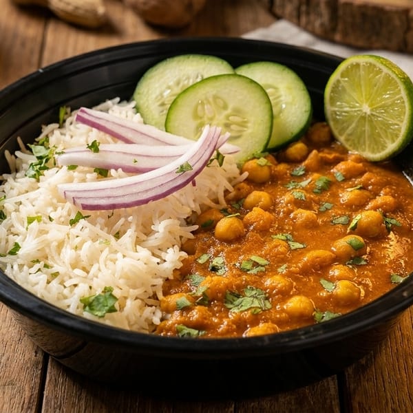 Chana Masala with rice, red onions, cucumbers, and lime in a black bowl on a wooden table.