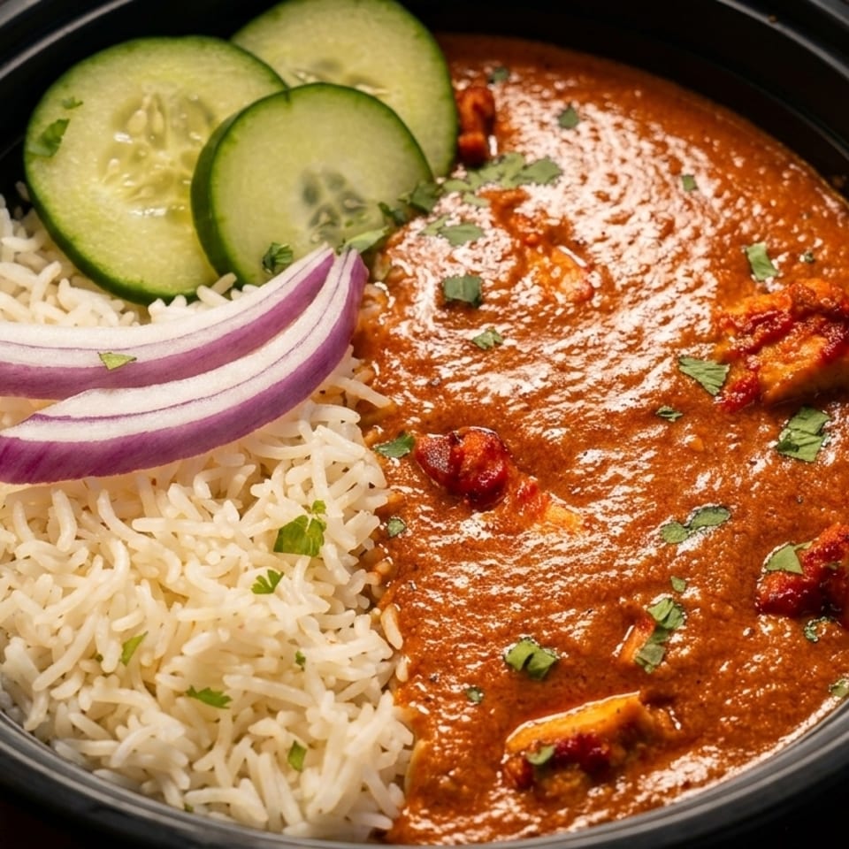 Indian butter chicken with rice, sliced cucumbers, and red onion in a black bowl.